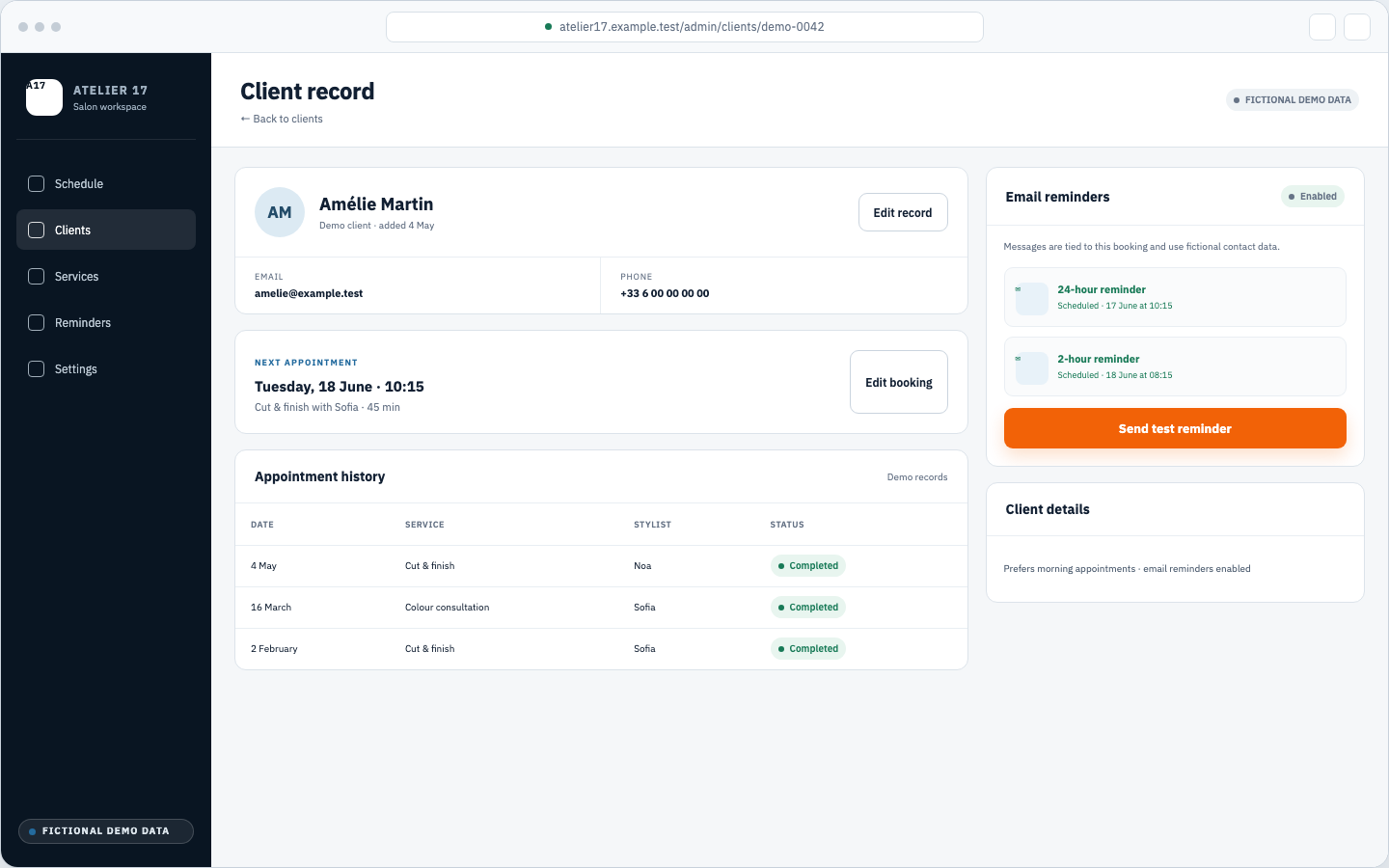 Functional demonstration showing a customer profile, appointment history, and a scheduled email reminder state.