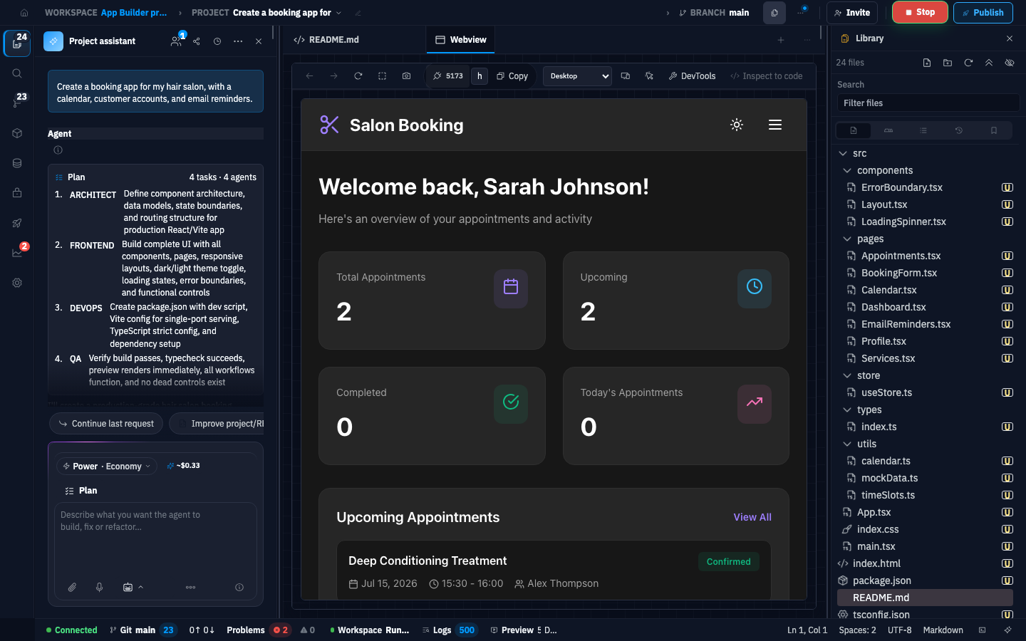 E-Code IDE showing the salon booking prompt in the Agent panel, generated project files, and the booking application running in the Webview Preview tab.