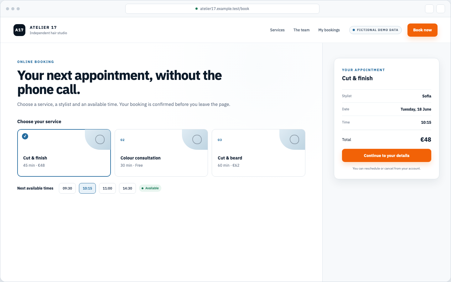 Functional English salon booking demonstration showing services, available appointment times, customer details, and the booking summary.