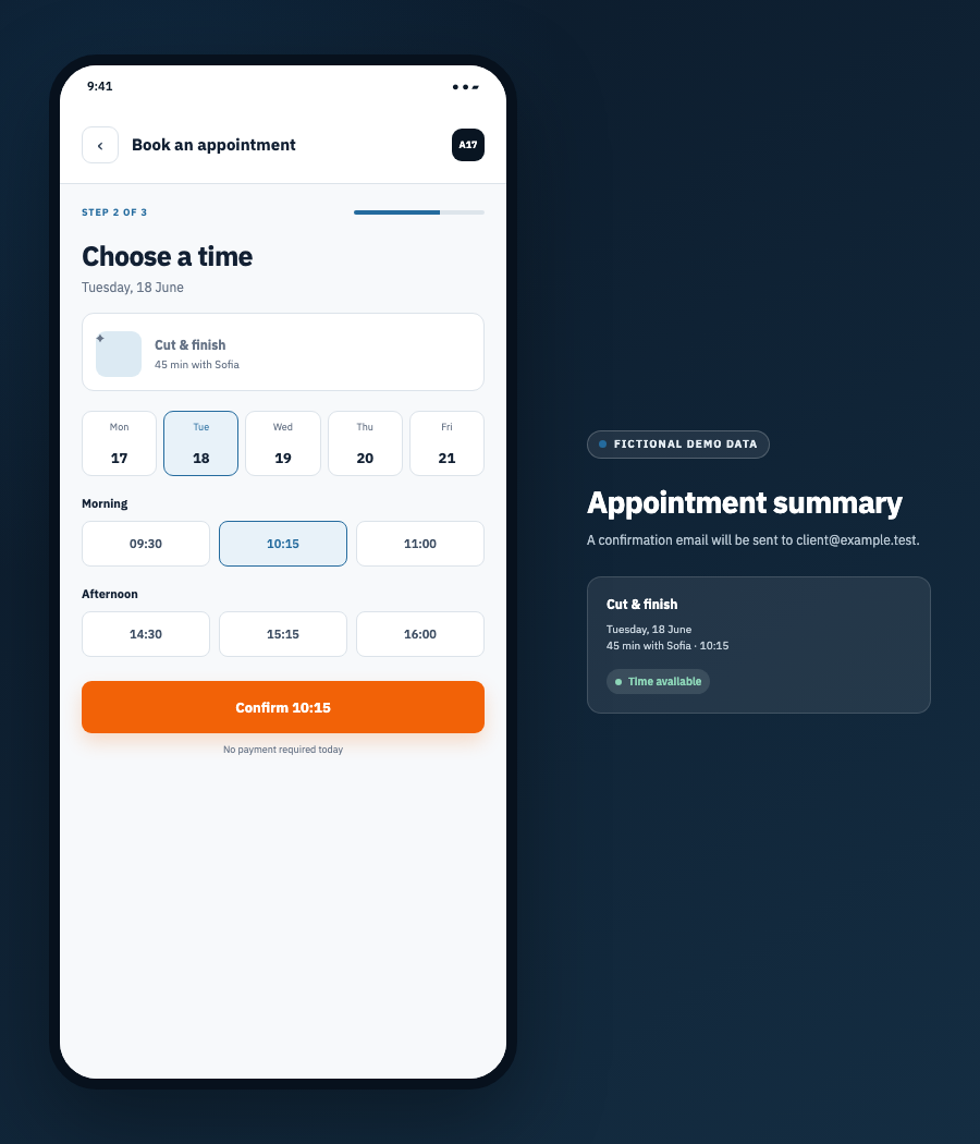 Mobile salon booking journey showing service selection, available times, and appointment confirmation.
