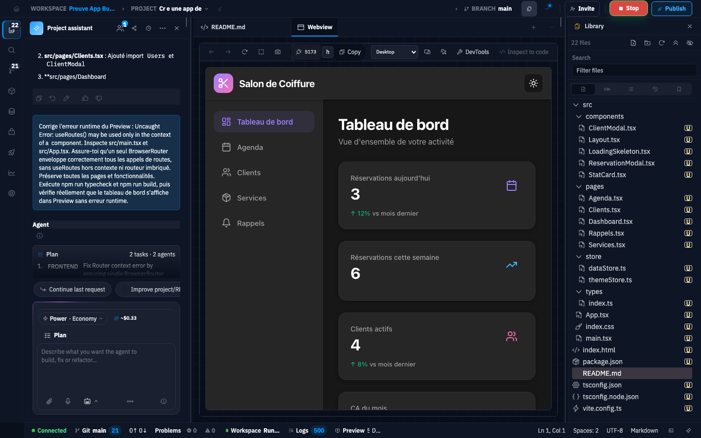 Vrai workspace App Builder E-Code montrant un prompt de réparation d’une erreur runtime React à côté de la Webview du salon et de l’arborescence générée.