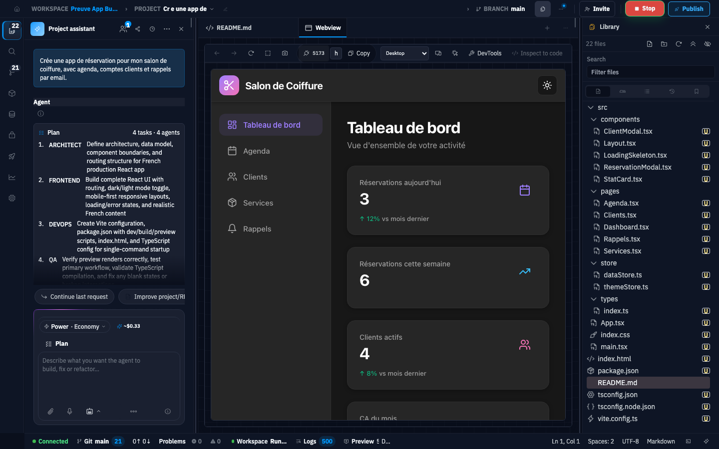 Vrai workspace App Builder E-Code avec le prompt et le plan de l’agent pour un salon à gauche, le tableau de bord de réservation actif dans la Webview et les fichiers modifiables à droite.
