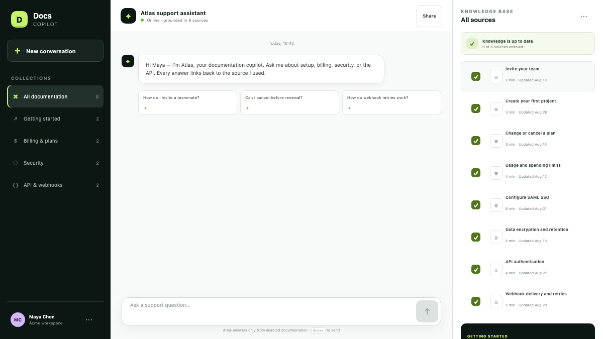 Docs Copilot support workspace with a documentation question, grounded answer, source citations, and knowledge collections.