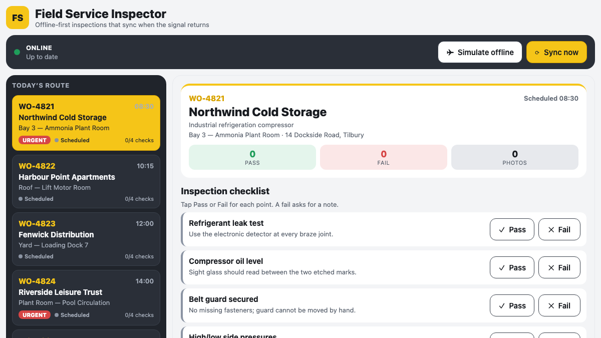 Field Service Inspector with an offline-ready route, work order details, and inspection checklist.