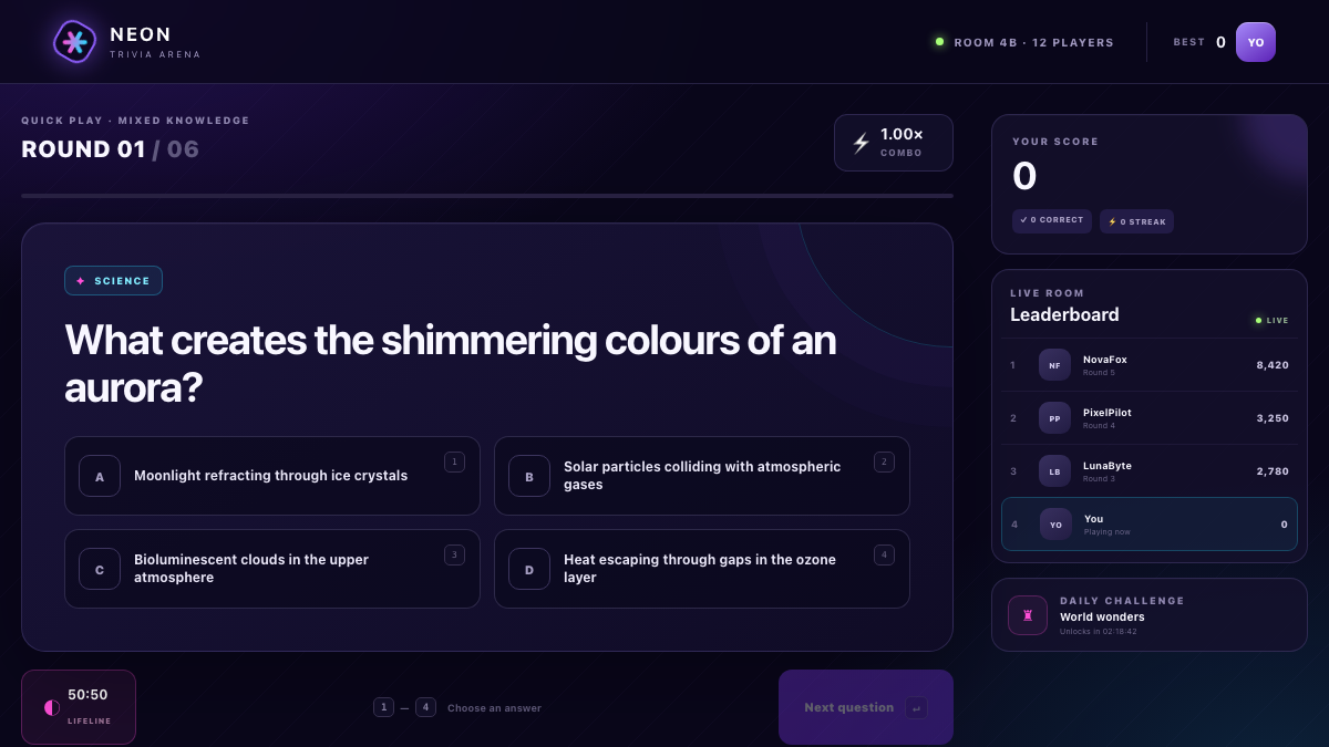 Neon Trivia Arena arcade quiz with a question, answer grid, combo multiplier, score, and leaderboard.