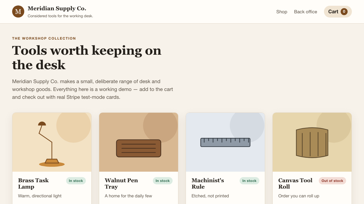 Meridian Supply Co. ecommerce storefront showing a product grid, inventory states, and shopping cart.