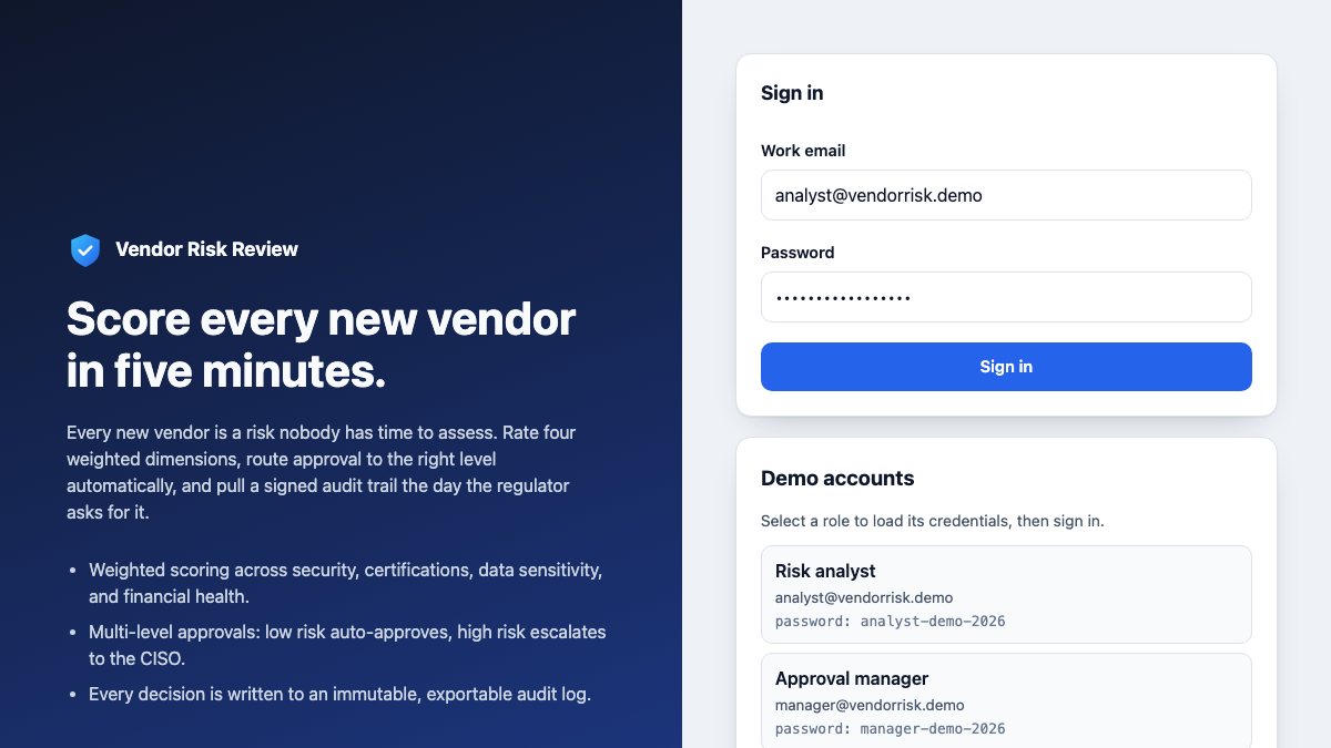 Vendor Risk Review sign-in and role-aware workflow for scoring and approving third-party vendors.
